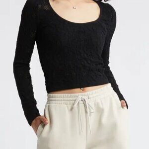 NWT BP Black Scoop Neck Textured Long Sleeve Top Size s/m Lots of stretch